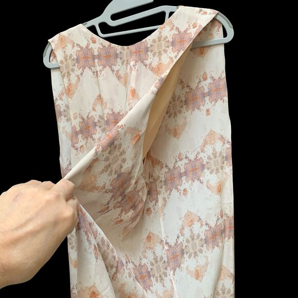 MORGAN CARPER Anthropologie Abstract Tonal Beige Mauve Silk Shift Cape Dress - Picture 7 of 14